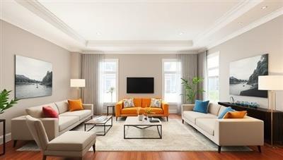 An elegant living room transformed through virtual staging, featuring modern furniture, vibrant colors, and a cozy atmosphere, highlighting the potential of Virtual Stage Pro in enhancing property visuals.