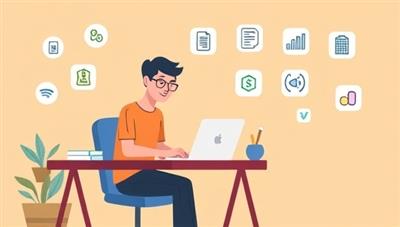 An illustrative depiction of a freelancer sitting at a desk with a laptop, using the FreeFlow Finance platform to manage invoices and track expenses, surrounded by icons representing financial tools and resources tailored to freelancers' needs.