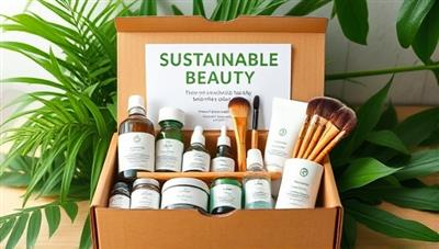 An aesthetically pleasing eco-friendly beauty box filled with natural skincare products, bamboo makeup brushes, and recyclable packaging, set against a backdrop of lush greenery and sustainable beauty slogans, reflecting a commitment to environmental preservation and beauty innovation.