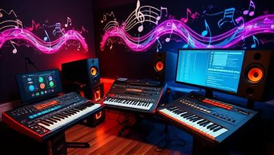 An artistic digital studio setting with music production equipment, MIDI controllers, and mixing consoles, surrounded by vibrant musical notes and sound waves, creating an inspiring and creative atmosphere for music enthusiasts.