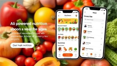An AI-powered nutrition app interface displaying personalized meal plans, nutritional recommendations, and grocery lists based on user input, set against a background of fresh fruits and vegetables, promoting healthy eating habits and customization.