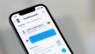 An engaging visual of a smartphone screen displaying the HealthGuardian chatbot interface, with medical icons and health insurance plan recommendations tailored to the user's profile, illustrating the convenience and personalized assistance provided by the platform.