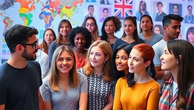 A diverse group of individuals immersed in a virtual world, interacting with avatars and practicing different languages in a vibrant and engaging setting, capturing the essence of interactive language learning.