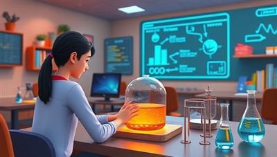 An animated visualization of a virtual STEM lab environment, with a tutor guiding a student through a physics experiment using digital tools and simulations, highlighting the interactive and engaging nature of the tutoring service.