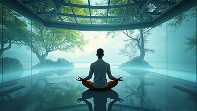 An immersive meditation space visualization featuring a serene digital oasis with calming nature sounds, tranquil visuals, and a meditating user in a peaceful state, conveying the essence of relaxation, mindfulness, and mental well-being provided by MindfulSpace.