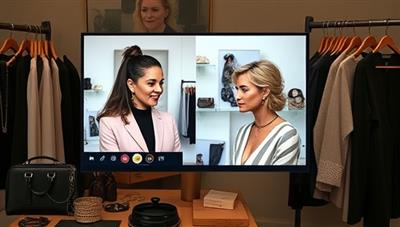 A chic and sophisticated image of a virtual personal styling consultation session, showcasing a stylist and client engaging in a video call to discuss fashion preferences, browse outfit options, and create style mood boards, surrounded by fashionable accessories and clothing racks, exuding elegance and professionalism in style guidance.