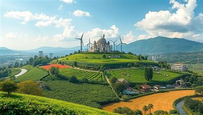 An artistic representation of a green investment landscape with renewable energy projects, sustainable agriculture, and eco-friendly technologies, symbolizing sustainable wealth creation and positive impact through investments.