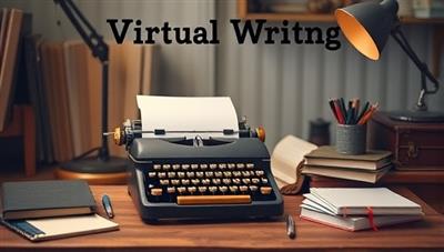 A virtual writing workshop setting with a cozy home office backdrop, featuring a vintage typewriter, a stack of notebooks, pens, and a warm desk lamp, evoking a nostalgic and inspiring atmosphere for creative writing sessions.