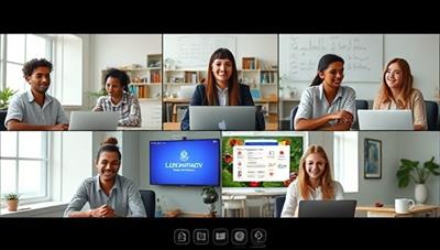 An online classroom setting with diverse students interacting with virtual language instructors, engaging in language exercises and cultural activities, illustrating a dynamic and immersive learning environment.