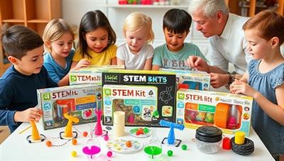 An assortment of colorful eco-friendly STEM kits displayed on a table, surrounded by happy children engaged in hands-on experiments, showcasing the fun and educational aspect of the products.