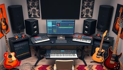 An online music production studio setup featuring a professional workstation with recording equipment, MIDI controllers, and mixing tools, surrounded by musical instruments and creative elements, inspiring participants to explore and create music in a virtual environment.
