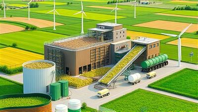 A modern agricultural waste recycling center with conveyor belts processing farm waste into organic fertilizers and biofuels, surrounded by green fields and wind turbines, illustrating sustainability and resource conservation in agriculture.