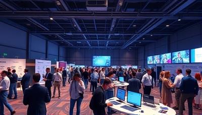 An immersive virtual event setting with avatars interacting in a digital conference hall, attending virtual booths, and participating in live presentations, conveying the dynamic and engaging nature of virtual events hosted on the platform.