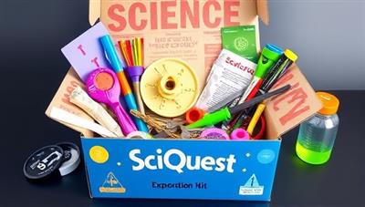 A colorful and vibrant science exploration kit box filled with various scientific tools, experiments, and interactive components, creating an exciting and educational visual representation of the engaging learning experiences offered by SciQuest for kids interested in STEM subjects.