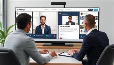 An engaging visual representation of MediateLegal Online platform interface showing two parties in a mediation session mediated by a professional, with virtual communication tools and agreement signing features, illustrating the convenience and effectiveness of online legal mediation.