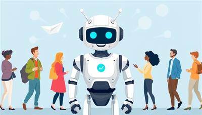 An innovative illustration of a friendly and helpful robot interacting with diverse individuals, symbolizing the AI-powered assistance provided by InsureBot in simplifying insurance decisions and purchases.