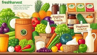 A vibrant digital illustration of a diverse array of fresh produce, dairy products, and artisanal goods arranged in a visually appealing and appetizing display, representing the variety and quality of offerings on FreshHarvest Market.