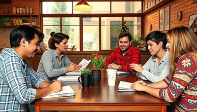 A vibrant and inclusive image of a diverse group of writers gathered around a table at a local cafe, sharing their works-in-progress and engaging in lively discussions, reflecting the community spirit and camaraderie of the writing meetup network.