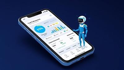 An artistic representation of an AI-powered finance assistant app interface on a smartphone screen, featuring dynamic graphs, personalized recommendations, and a friendly digital avatar guiding users through financial decisions, illustrating convenience and futuristic finance management.