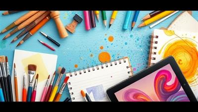 An artistic and colorful representation of various creative tools and materials, such as paintbrushes, sketchbooks, and digital tablets, arranged in a visually appealing and inspiring manner, symbolizing the diverse creative skills available on the platform.