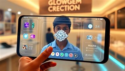 An engaging AR simulation showing a customer virtually designing a custom jewelry piece at GlowGem Creations, with interactive options for selecting gemstones, metals, and design elements, offering a glimpse of the personalized and high-tech jewelry creation process.