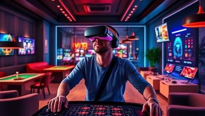 A futuristic living room setup with a person wearing a VR headset, surrounded by digital casino tables and vibrant virtual casino settings, illustrating the immersive and interactive nature of the VR CasinoWorld experience.