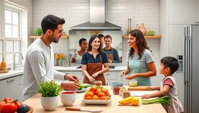 An interactive virtual kitchen scene with a family cooking together and discussing nutrition tips with a wellness coach on screen, surrounded by fresh ingredients and cooking utensils, highlighting the joy of healthy eating and bonding in FamilyFit Dynamics.