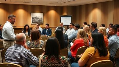 A workshop setting with a real estate expert engaging with a diverse group of attendees, discussing investment strategies, property analysis, and wealth-building through real estate, creating a dynamic and interactive learning environment.