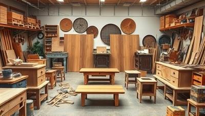 An artistic representation of a workshop filled with upcycled furniture pieces in various stages of creation, surrounded by tools and materials, exuding a sense of creativity and sustainability in the manufacturing process.