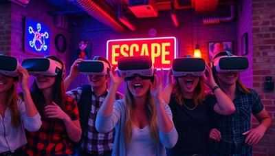 An exciting visual of a group of friends wearing VR headsets, immersed in a virtual escape room environment filled with mysterious puzzles and challenges, showcasing the thrill and excitement of the experience.