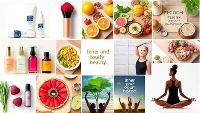 An inspirational wellness collage featuring images of beauty products, healthy foods, yoga poses, and positive affirmations, creating a holistic and balanced representation of beauty wellness coaching offered by WellBeauty Coaches, appealing to individuals seeking inner and outer beauty transformation.