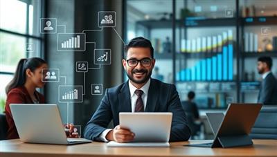 A virtual CFO connecting with a diverse group of business executives through a digital platform, discussing financial strategies and growth opportunities, symbolizing professional expertise and collaboration.