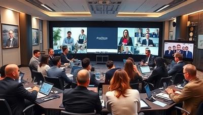 A virtual conference room setting with diverse professionals in business attire engaging in lively discussions and collaborative activities, showcasing a dynamic and interactive learning environment for ProLearn Circles.
