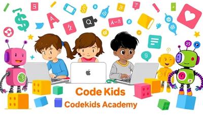 A colorful and playful digital illustration of cartoon kids coding on laptops surrounded by coding blocks and robots, representing a fun and educational coding experience for children at CodeKids Academy.