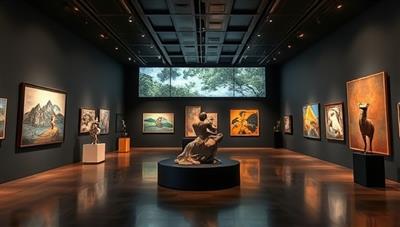 An immersive virtual art gallery setting with digital art displays, interactive features, and virtual tour guides showcasing contemporary artworks, sculptures, and installations, creating a visually stunning and culturally enriching experience for art lovers and collectors.