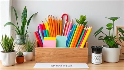 An assortment of colorful and eco-friendly school supplies neatly arranged in a wooden desk organizer, surrounded by potted plants and sustainable decor, creating a visually appealing and environmentally conscious workspace.