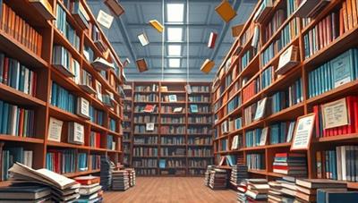 An imaginative depiction of a virtual library filled with floating books, pens, and inspiration boards, symbolizing creativity and storytelling in a digital space.