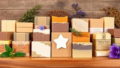 A picturesque image featuring an array of artisanal soap bars in different shapes, colors, and textures, elegantly arranged on a wooden display shelf against a backdrop of botanical elements like fresh herbs, flowers, and natural skincare ingredients, evoking a sense of purity, craftsmanship, and sensory indulgence in handmade soap creations.