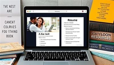 A laptop screen displaying a virtual career coaching session with a client, a resume template in progress, and a list of job search resources, surrounded by career books and motivational quotes, symbolizing the guidance and support offered by the virtual career coaching service.