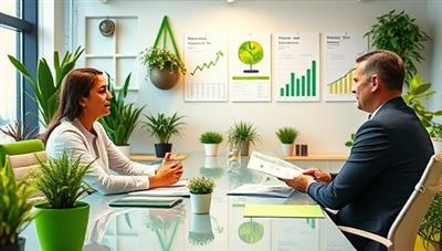 An eco-friendly office setting with a consultant discussing sustainability reports with a corporate client, surrounded by plant decor, green energy icons, and sustainability charts, reflecting a harmonious blend of financial expertise and environmental consciousness offered by EcoLedger Solutions.