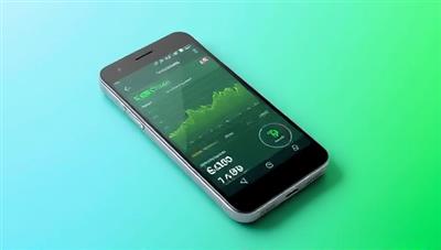 An artistic visualization of a smartphone displaying the EcoSync app interface, with dynamic energy usage graphs, smart home device controls, and a green energy efficiency rating, symbolizing eco-friendly living and smart technology integration.
