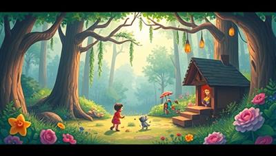 An enchanting illustration of a whimsical forest setting with colorful characters and interactive elements, such as touch-activated animations and hidden surprises, inviting children to explore and engage with the magical world of storytelling.