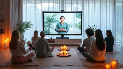 A serene and tranquil image of a virtual meditation class with participants sitting comfortably in a peaceful setting, following a guided meditation led by an instructor on the screen, surrounded by soft candlelight and nature elements, promoting relaxation and mindfulness.