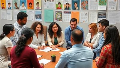 A diverse group of professionals engaged in a cultural diversity training session, with interactive activities, discussions, and visual aids promoting understanding and respect for different cultural backgrounds, fostering a collaborative and inclusive learning environment.