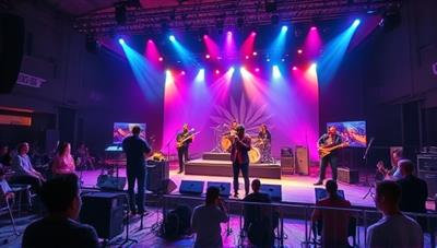 A dynamic virtual music concert scene with musicians performing live on stage, audiences interacting virtually, and colorful stage lights illuminating the atmosphere, surrounded by musical instruments, sound equipment, and music notes, capturing the essence of global music exploration and cultural fusion.