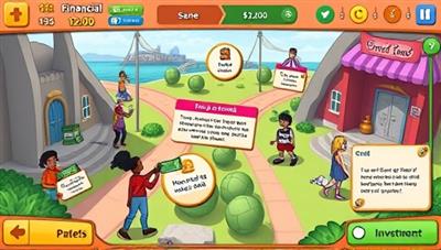 An interactive and colorful gaming interface featuring diverse characters navigating through financial challenges, budgeting decisions, and investment opportunities, with engaging graphics and educational pop-ups, encouraging financial learning in a fun and immersive way.