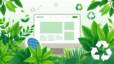 An artistic representation of a website interface surrounded by lush greenery and sustainable elements, such as solar panels and recycling symbols, conveying the eco-friendly design focus of GreenWave Designs.