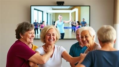 An uplifting image of a group of seniors smiling and exercising together in front of a screen displaying a virtual fitness class led by a SilverFit Studio instructor, showcasing the sense of community and wellness promoted by the business.