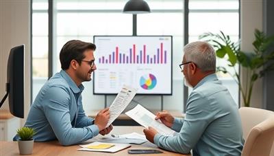 A virtual meeting scene with a freelance financial analyst discussing financial reports with a small business owner over a video call, both engaged in a collaborative and insightful conversation, reflecting expertise and strategic guidance.