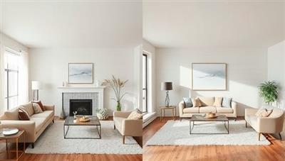 A split-image of a living room: one side showcasing a professionally staged space with the subscription service's decor items and the other side displaying an unstaged, plain room, highlighting the impact of property staging on home presentation.